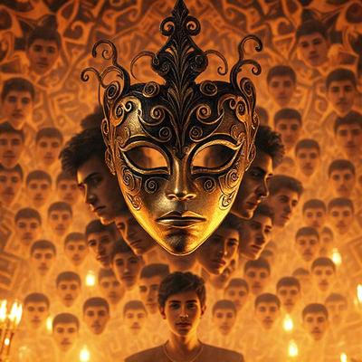 The primary subject of the image is a man wearing a gold mask. The setting is a room with a backdrop of a wall covered in a pattern of faces. The visual style is a combination of a photo and digital art, creating a unique and intriguing atmosphere. The dominant colors are gold and orange, which contribute to the overall mood of the image.